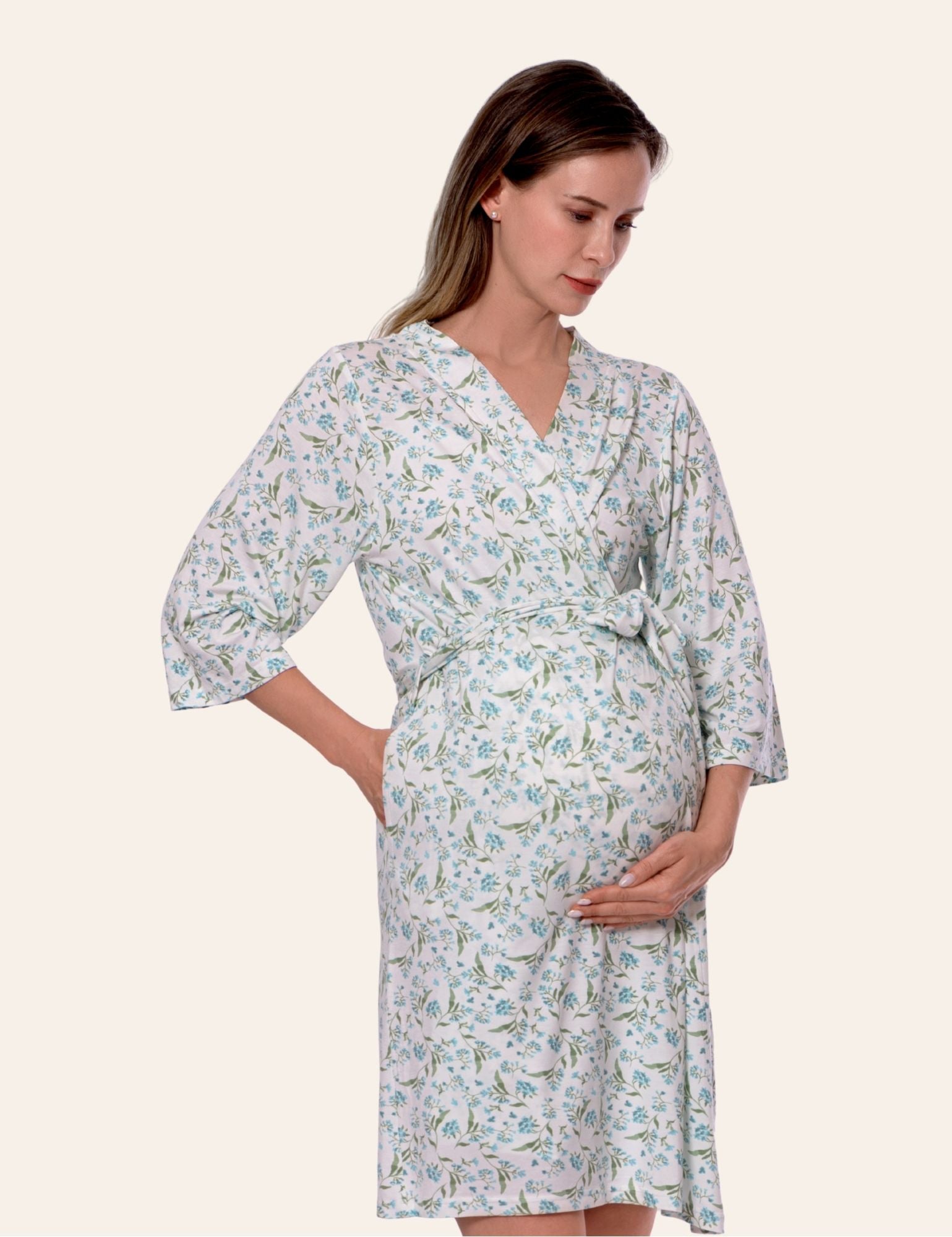 Botanical Blue Maternity Robe for Hospital | Premium Viscose | V Neck & Belt | Luxury Robes for Women Size S