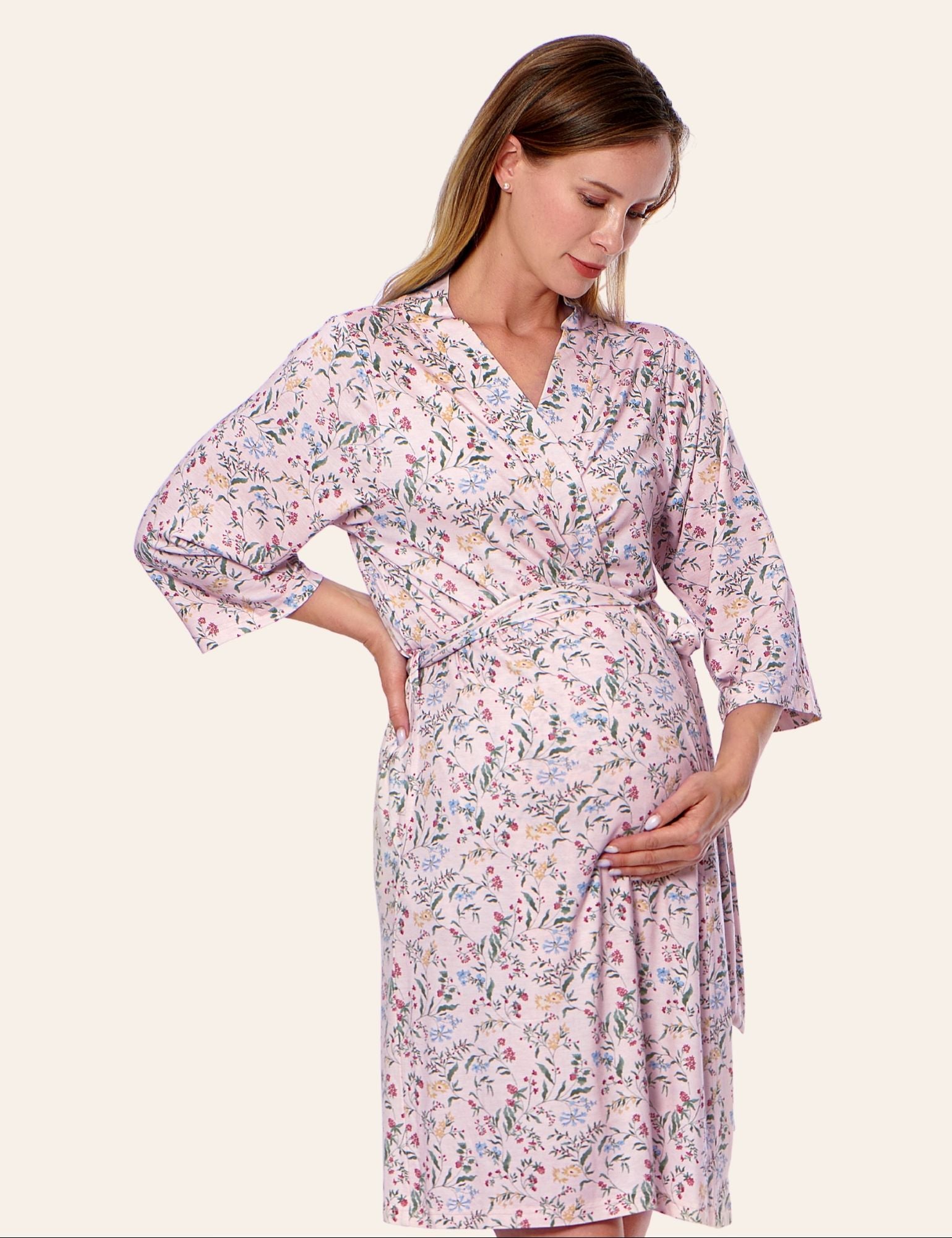 Botanical Pink Maternity Robe for Hospital | Premium Viscose | V Neck & Belt | Luxury Robes for Women Size 3XL