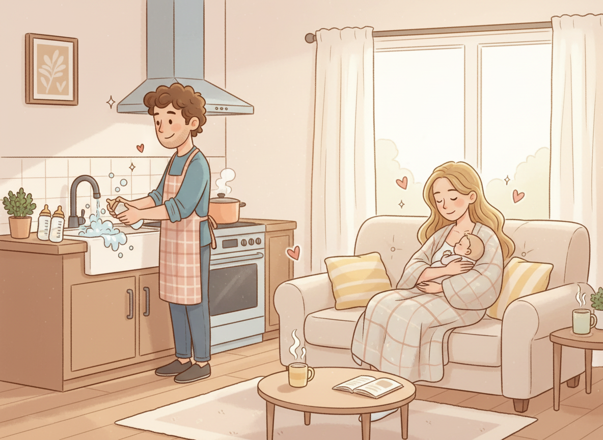 Illustration of a dad washing baby bottles in the kitchen while mom relaxes on the couch holding their newborn during postpartum recovery