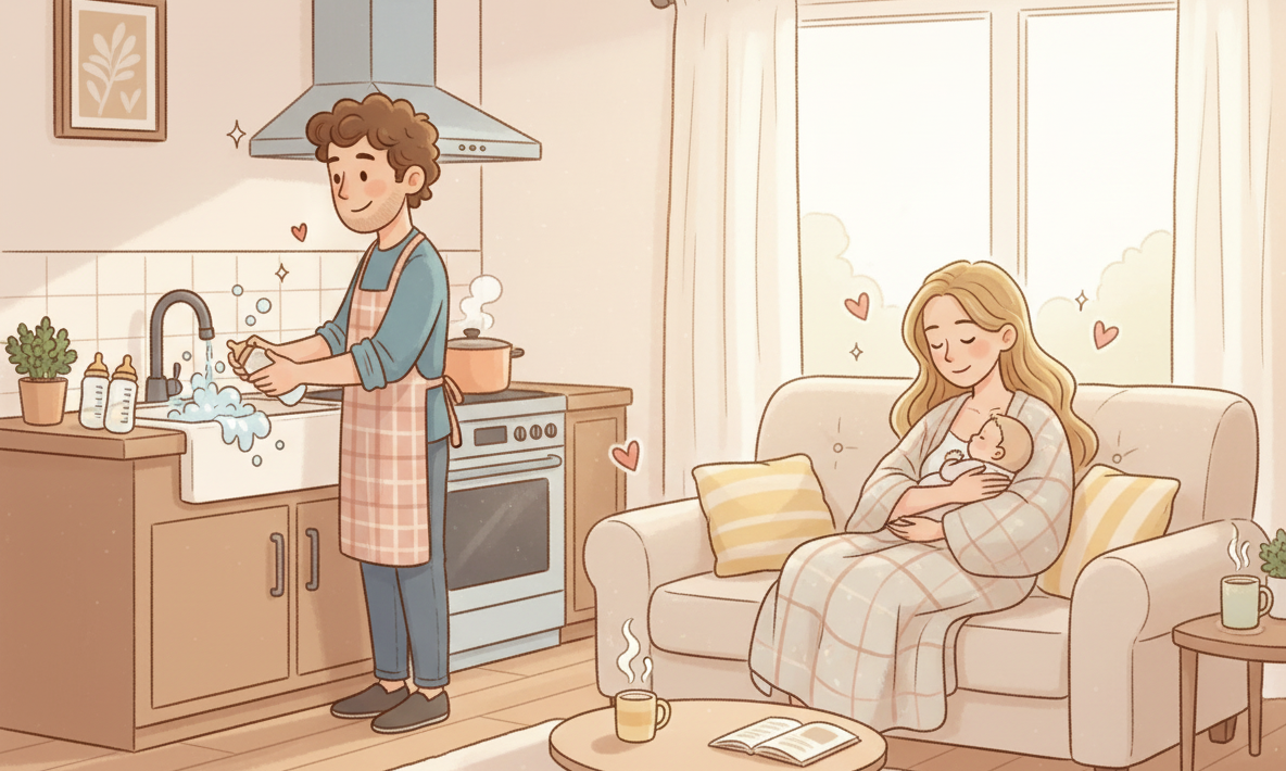 Illustration of a dad washing baby bottles in the kitchen while mom relaxes on the couch holding their newborn during postpartum recovery