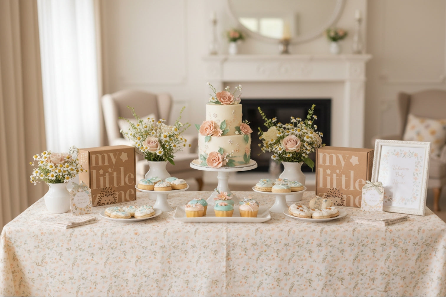 Floral-themed baby shower dessert table with a tiered cake, cupcakes, and pastel decorations