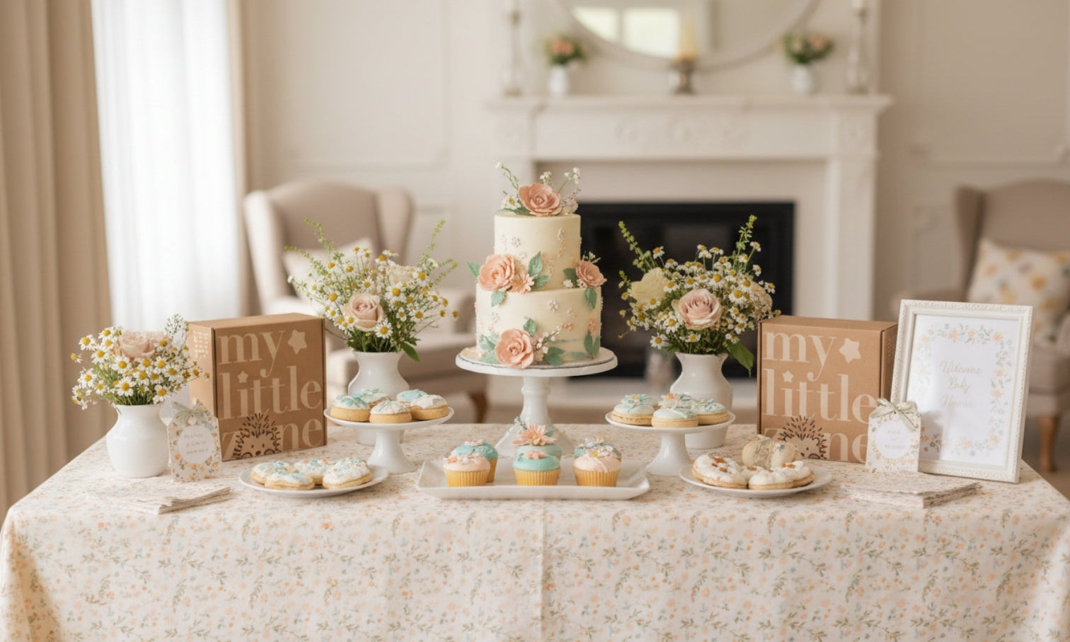 Floral-themed baby shower dessert table with a tiered cake, cupcakes, and pastel decorations