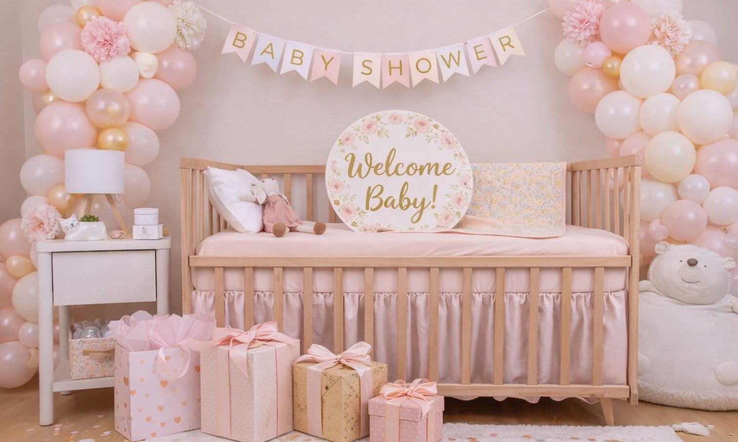 Pink and gold baby shower setup with crib, balloon decorations, wrapped gifts, and a “Welcome Baby” sign in a floral-themed nursery setting.