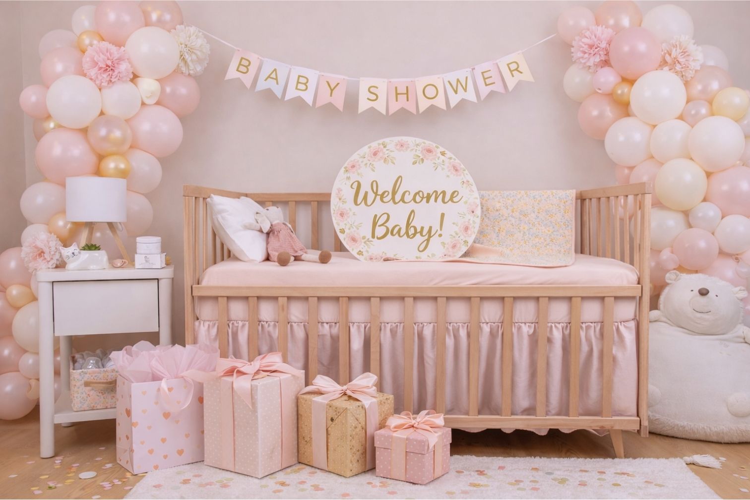 Pink and gold baby shower setup with crib, balloon decorations, wrapped gifts, and a “Welcome Baby” sign in a floral-themed nursery setting.