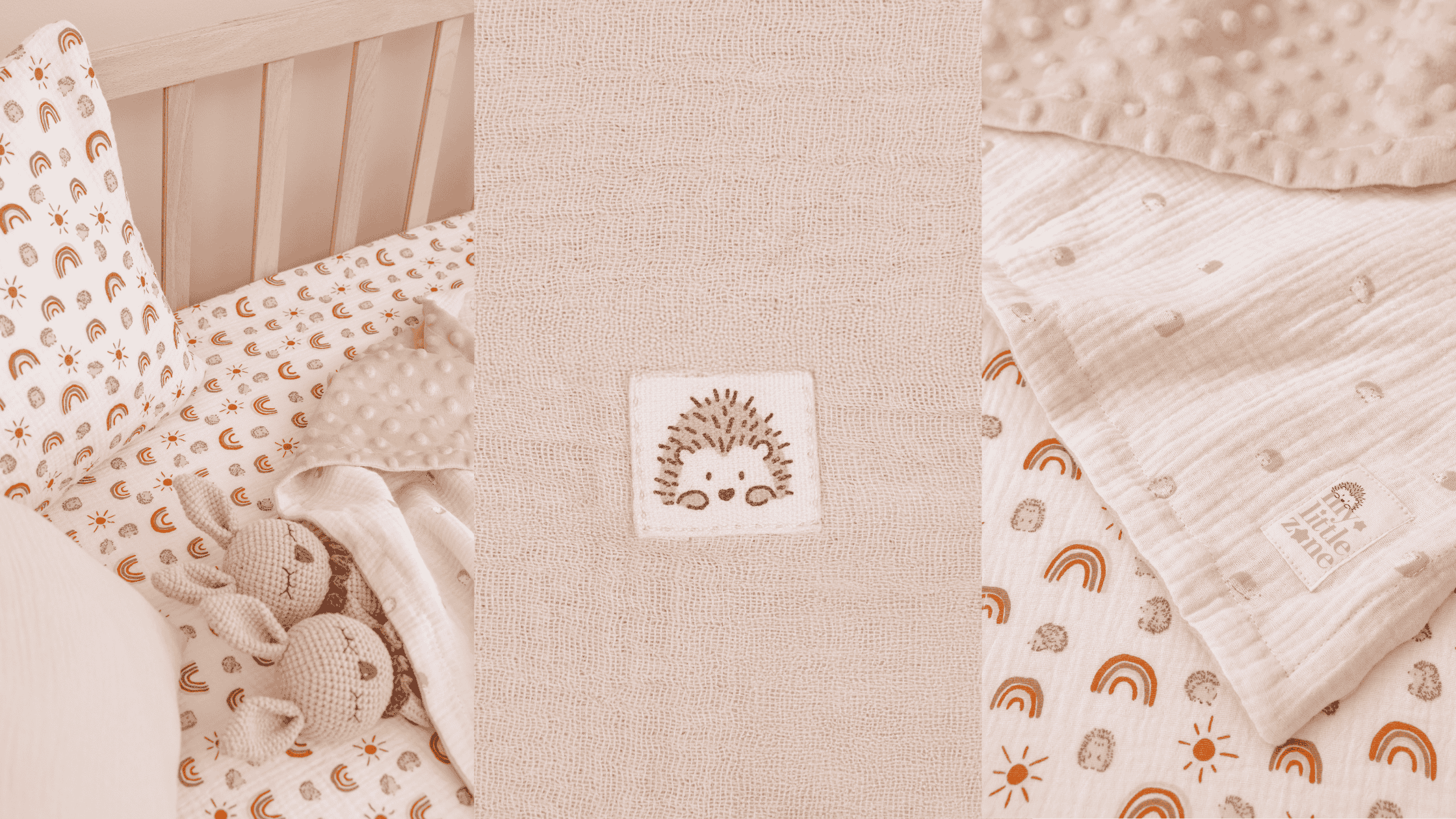 The first one shows the rainbow crib sheets, pillow cases in a bedding setup. The second one shows the hedgehog print on our fabrics. The last one shows the muslin rainbow crib sheets with the minky blanket on it. 