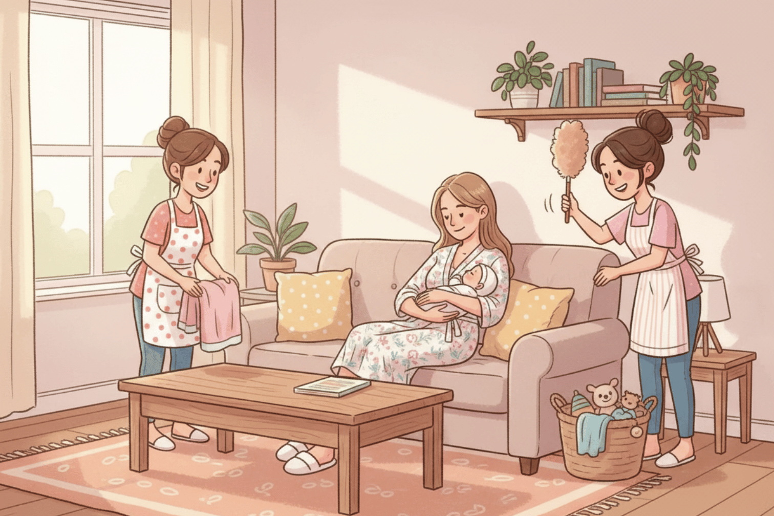 A cartoon image showing three women, one mom sitting and caring for her baby and two others cleaning the room to help the mom.