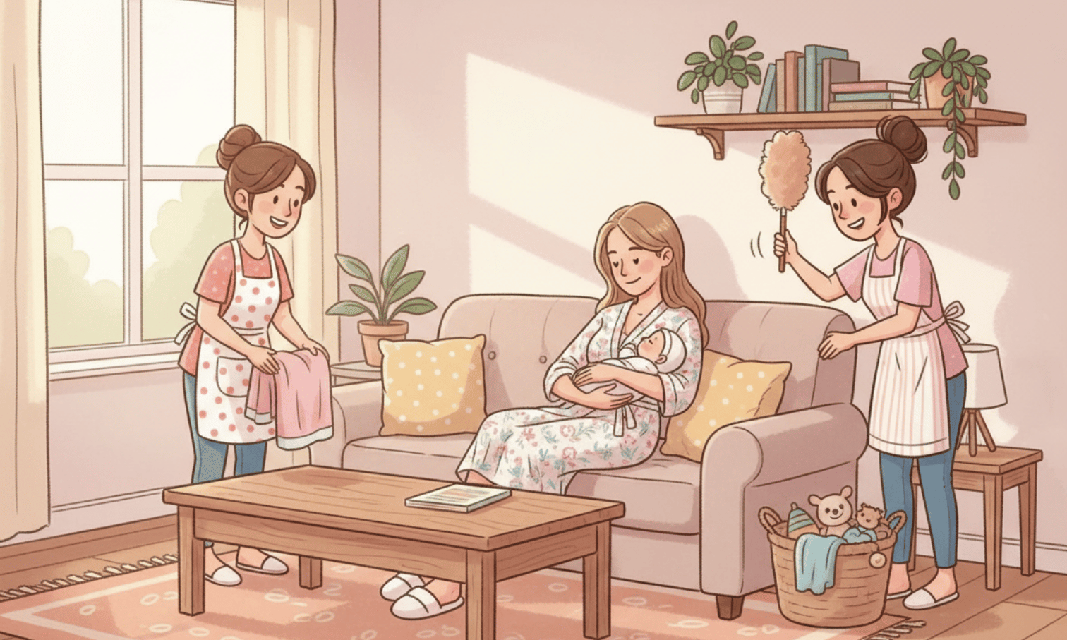 A cartoon image showing three women, one mom sitting and caring for her baby and two others cleaning the room to help the mom.