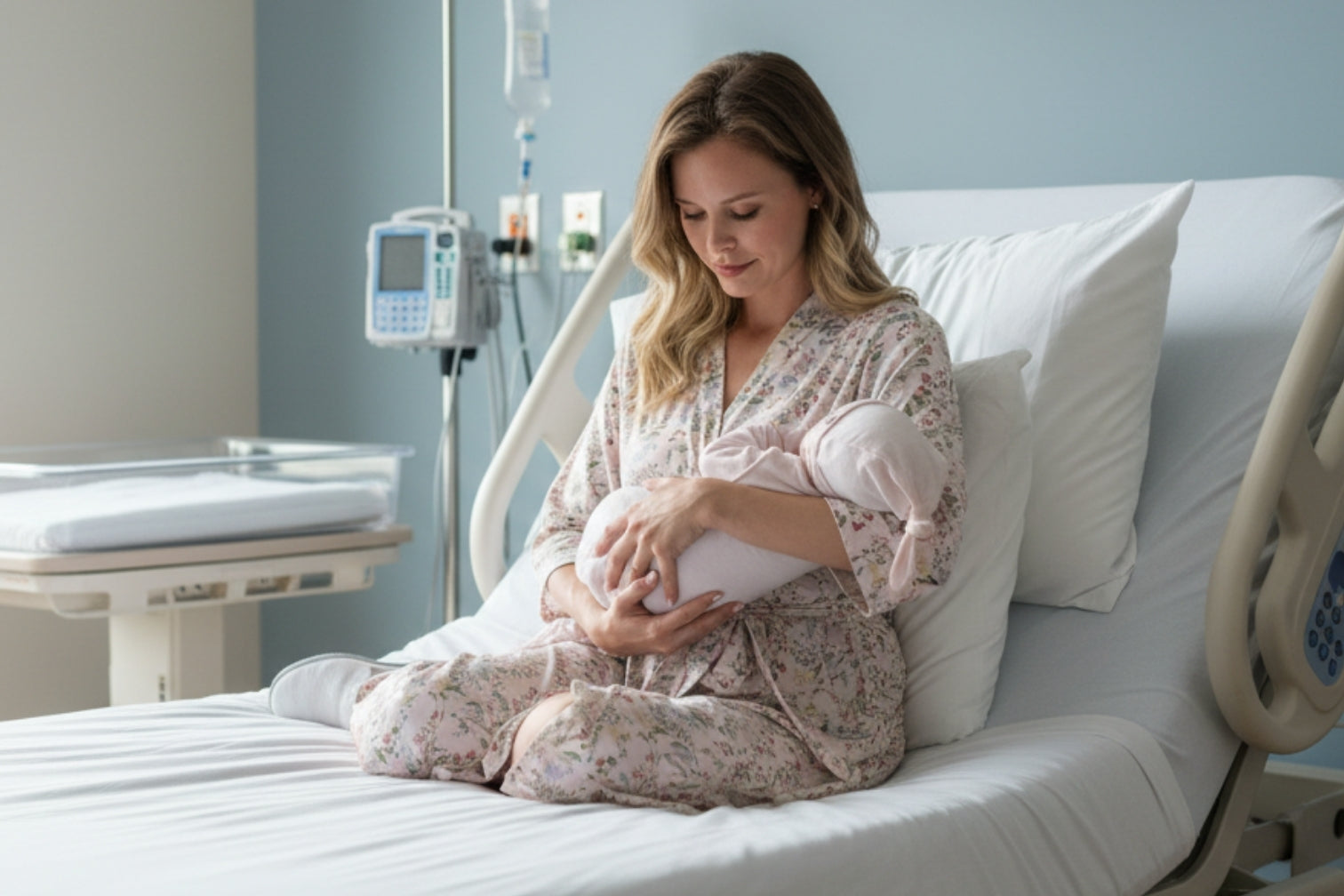 A mother sitting on a hospital bed gently holding her newborn baby, wearing a soft floral maternity robe in a calm postpartum hospital room.