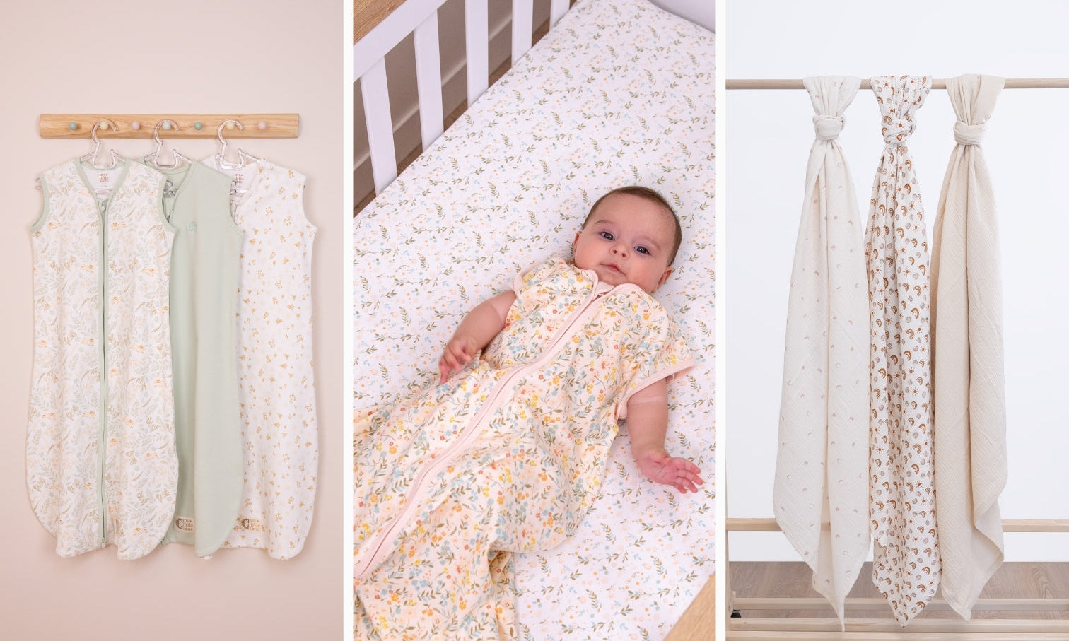 there are 3 images in a collage. the first one shows woodland wearable blankets hanged. the second one shows a baby girl laying inside a crib, wearing floral wearable blanket. the third one shows muslin rainbow 3-pack swaddle blankets hanging. 