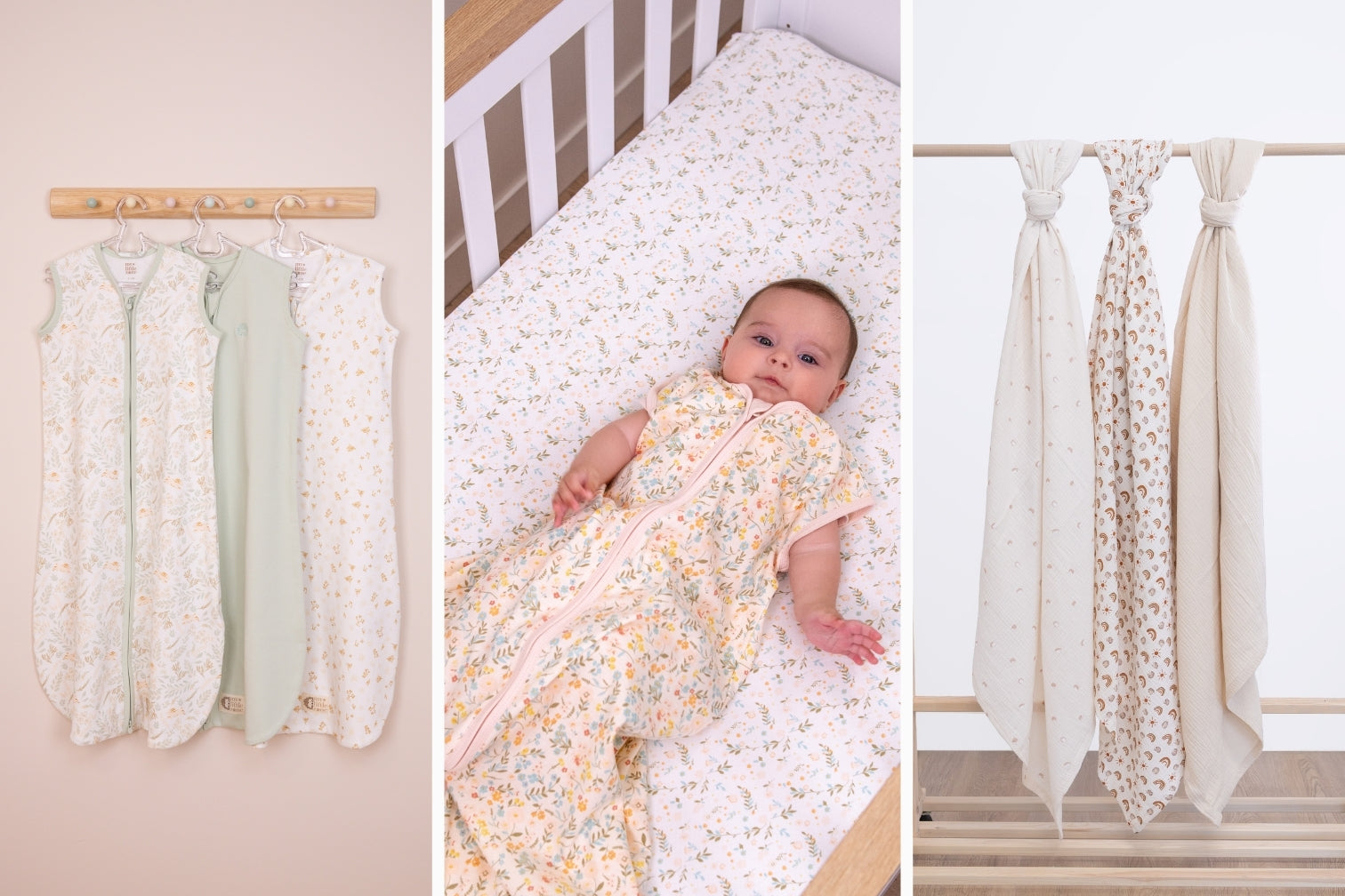 there are 3 images in a collage. the first one shows woodland wearable blankets hanged. the second one shows a baby girl laying inside a crib, wearing floral wearable blanket. the third one shows muslin rainbow 3-pack swaddle blankets hanging. 