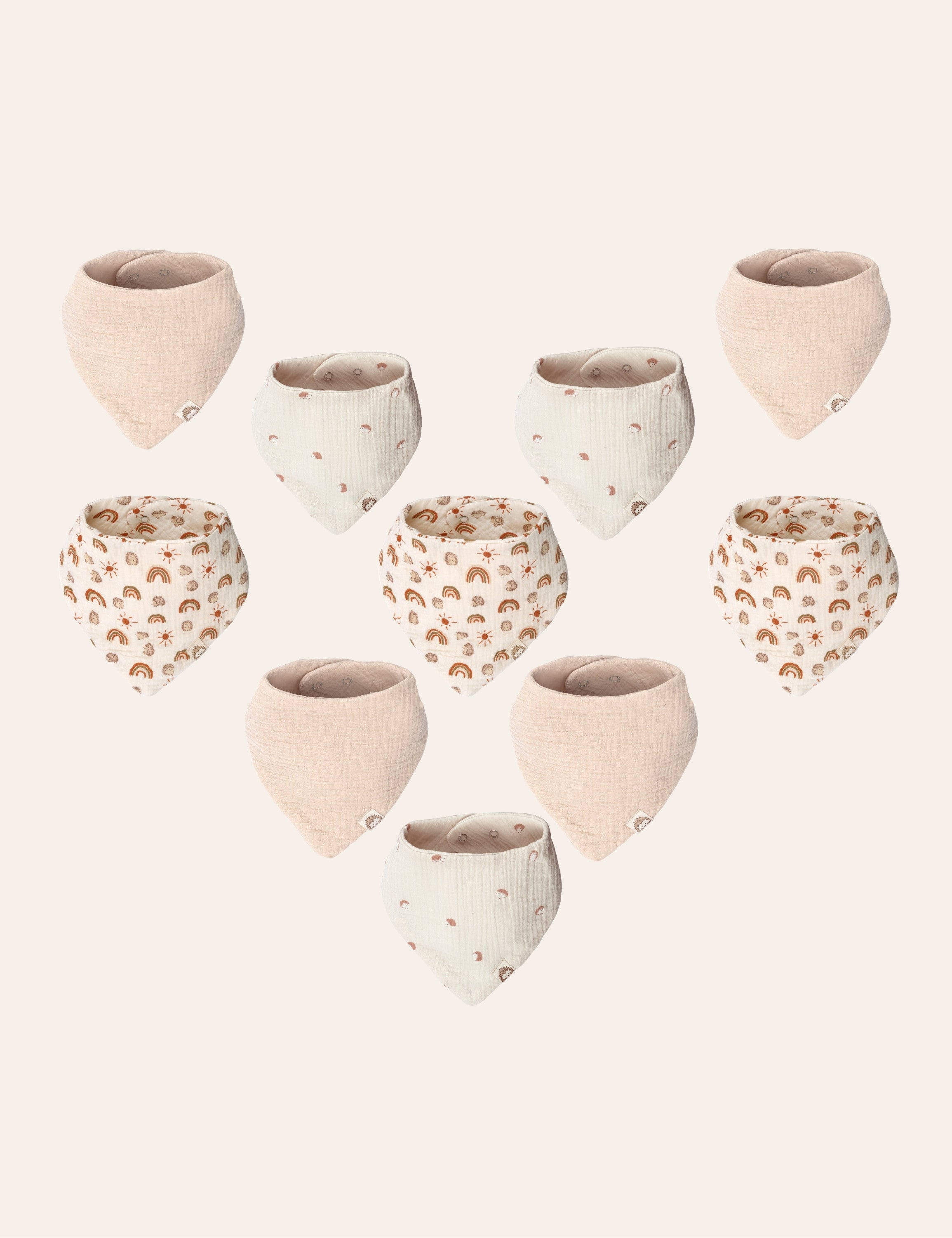 10 set of baby bandana bibs with rainbow, hedgehog print patterns on a light background