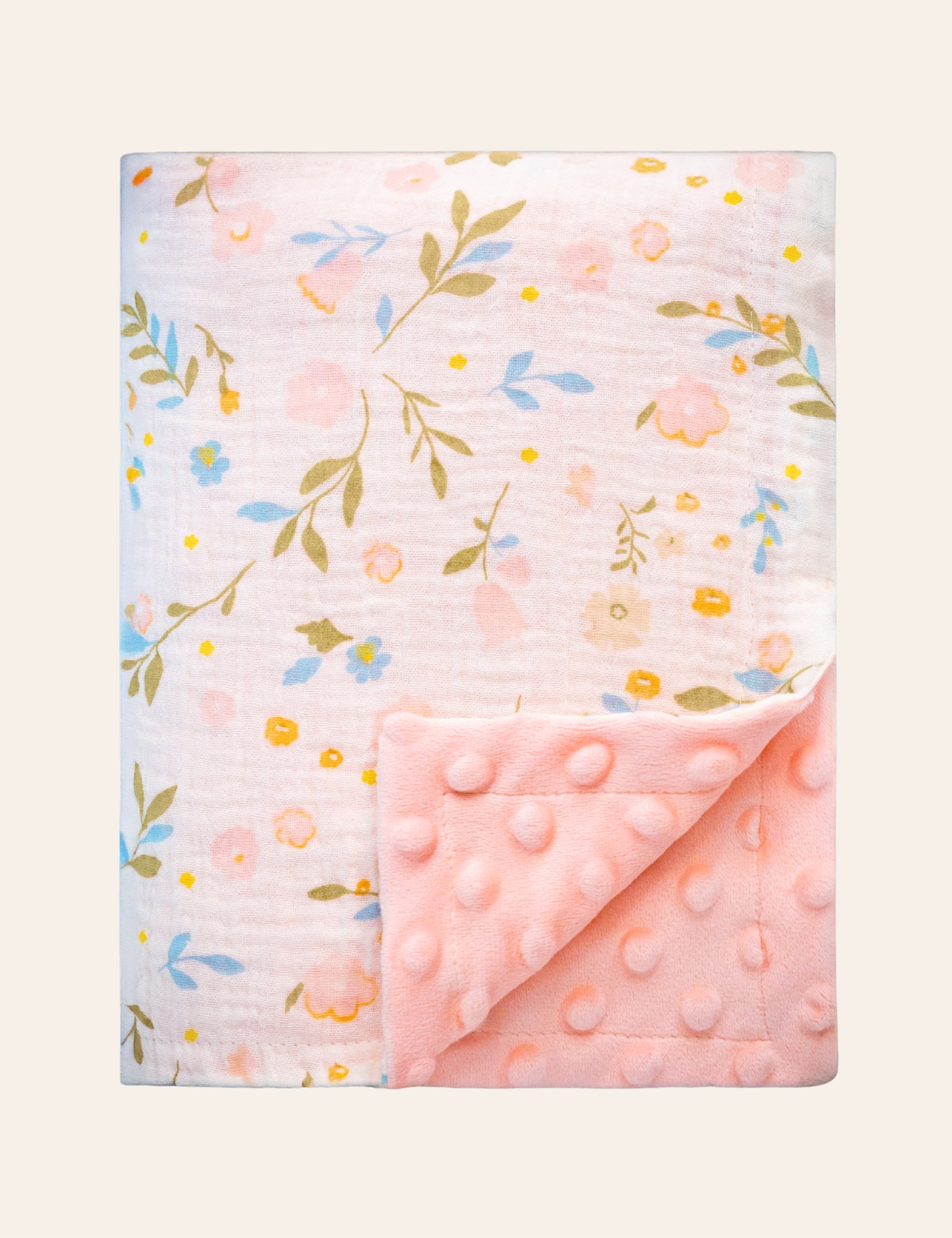 Floral-patterned two sided muslin minky infant blanket