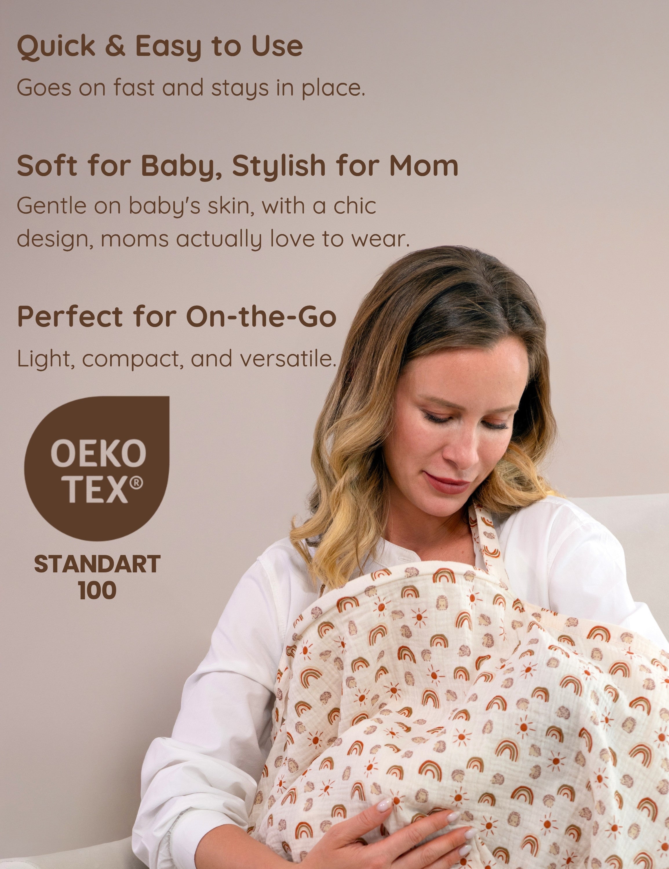 Mother holding her baby wrapped in a rainbow patterned muslin nursing cover with text about product features and OEKO-TEX certification.