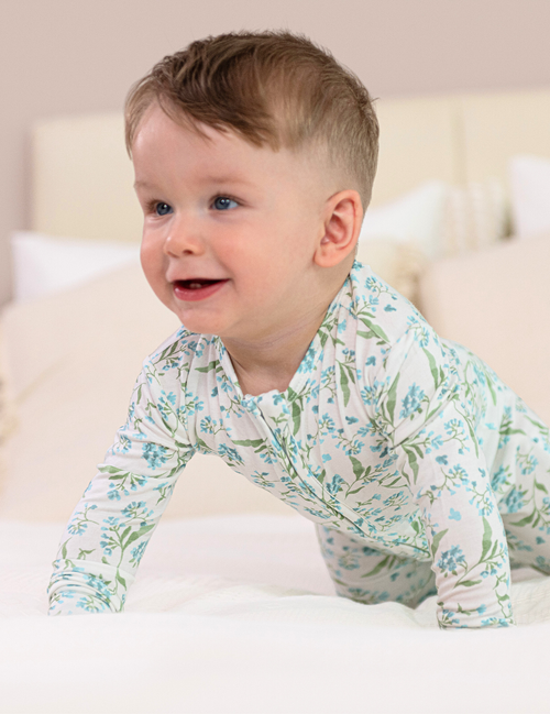 My Little Zone - Baby Footless Zip Front Pajamas - Botanical Collection - Print Blue - 12-18 Months