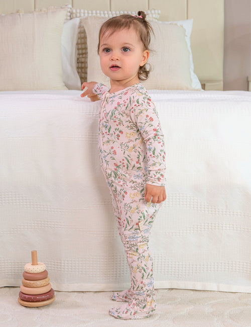 My Little Zone -  Zipper Footie - Botanical Collection - Print Pink