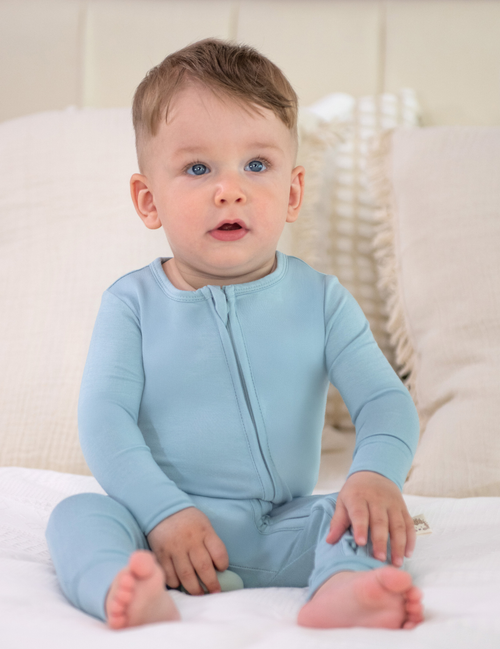 My Little Zone - Baby Footless Zip Front Pajamas - Botanical Collection - Solid Blue
