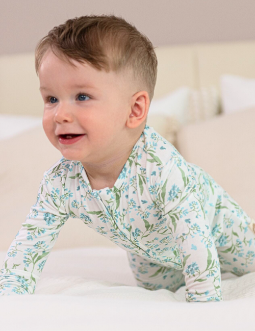 My Little Zone -  Zipper Footie - Botanical Collection - Print Blue