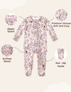 My Little Zone - Ruffled Zipper Footie - Botanical Collection - Print Pink - Newborn