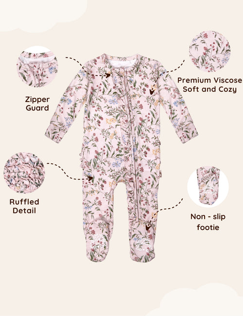 My Little Zone - Ruffled Zipper Footie - Botanical Collection - Print Pink - Newborn