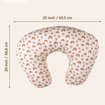 Muslin nursing pillow cover with rainbow pattern and measurements on a beige background