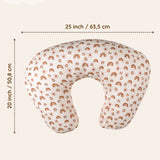 Muslin nursing pillow cover with rainbow pattern and measurements on a beige background