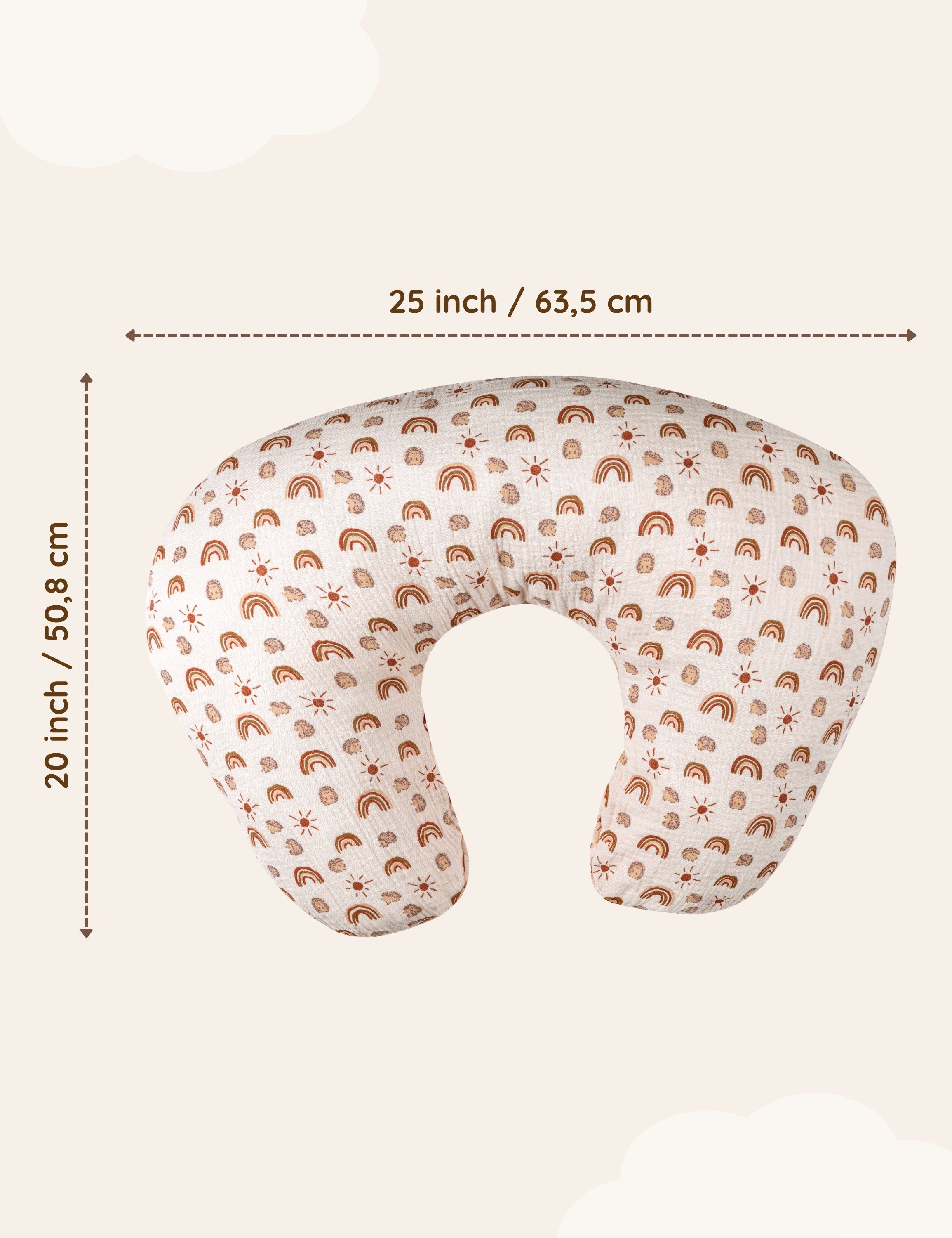 Muslin nursing pillow cover with rainbow pattern and measurements on a beige background