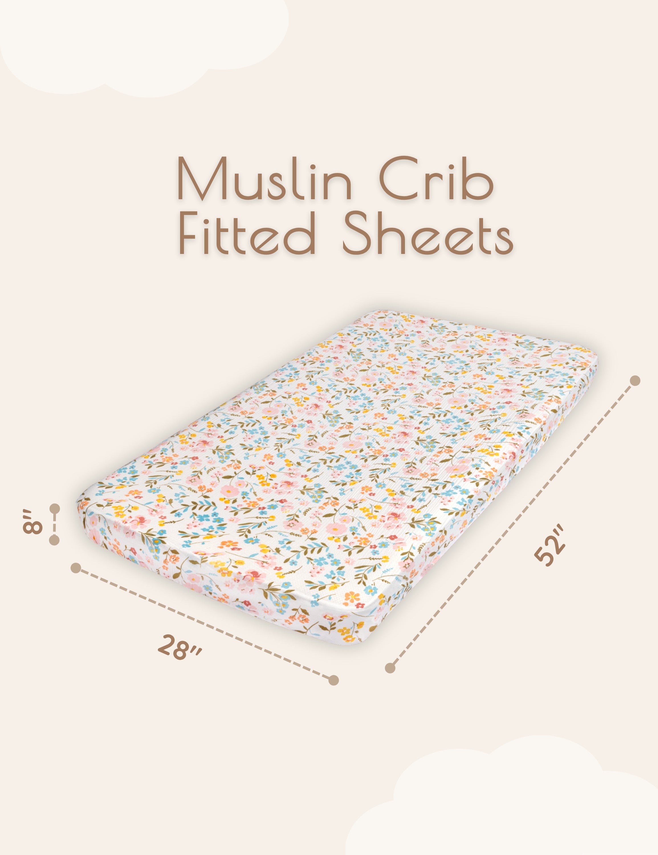 Floral patterned muslin crib fitted sheet with dimensions on a beige background