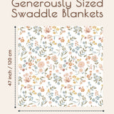 Floral muslin swaddle blanket with dimension informations