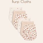 Set of six ultra-soft muslin burp cloths with different patterns on a beige background
