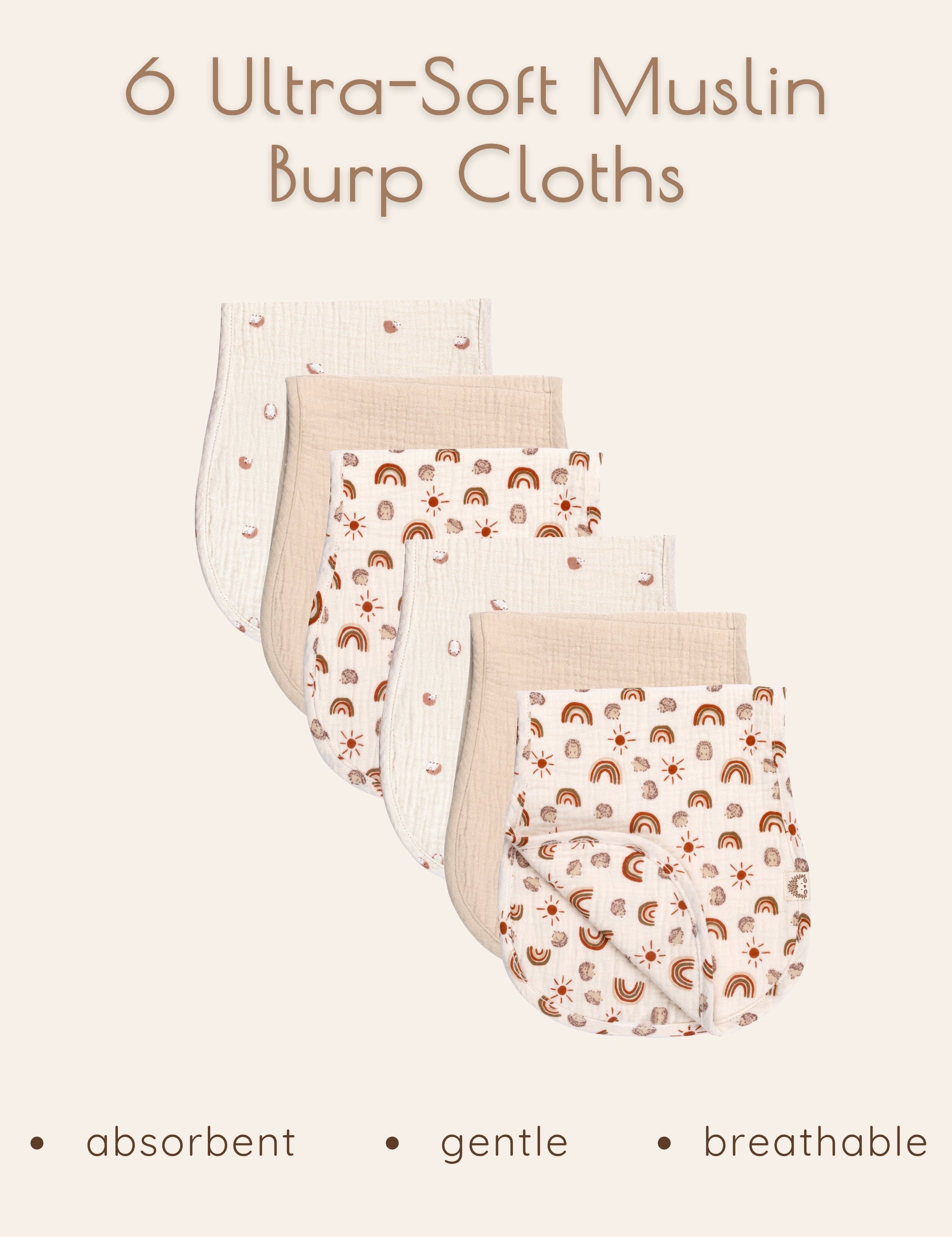 Set of six ultra-soft muslin burp cloths with different patterns on a beige background