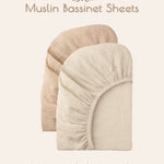 Two solid beige colored muslin bassinet sheets on a light beige background with text about wrapping babies in gentle muslin magic.