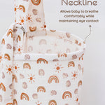 Muslin nursing cover with a boned neckline, designed to allow airflow and eye contact during breastfeeding.