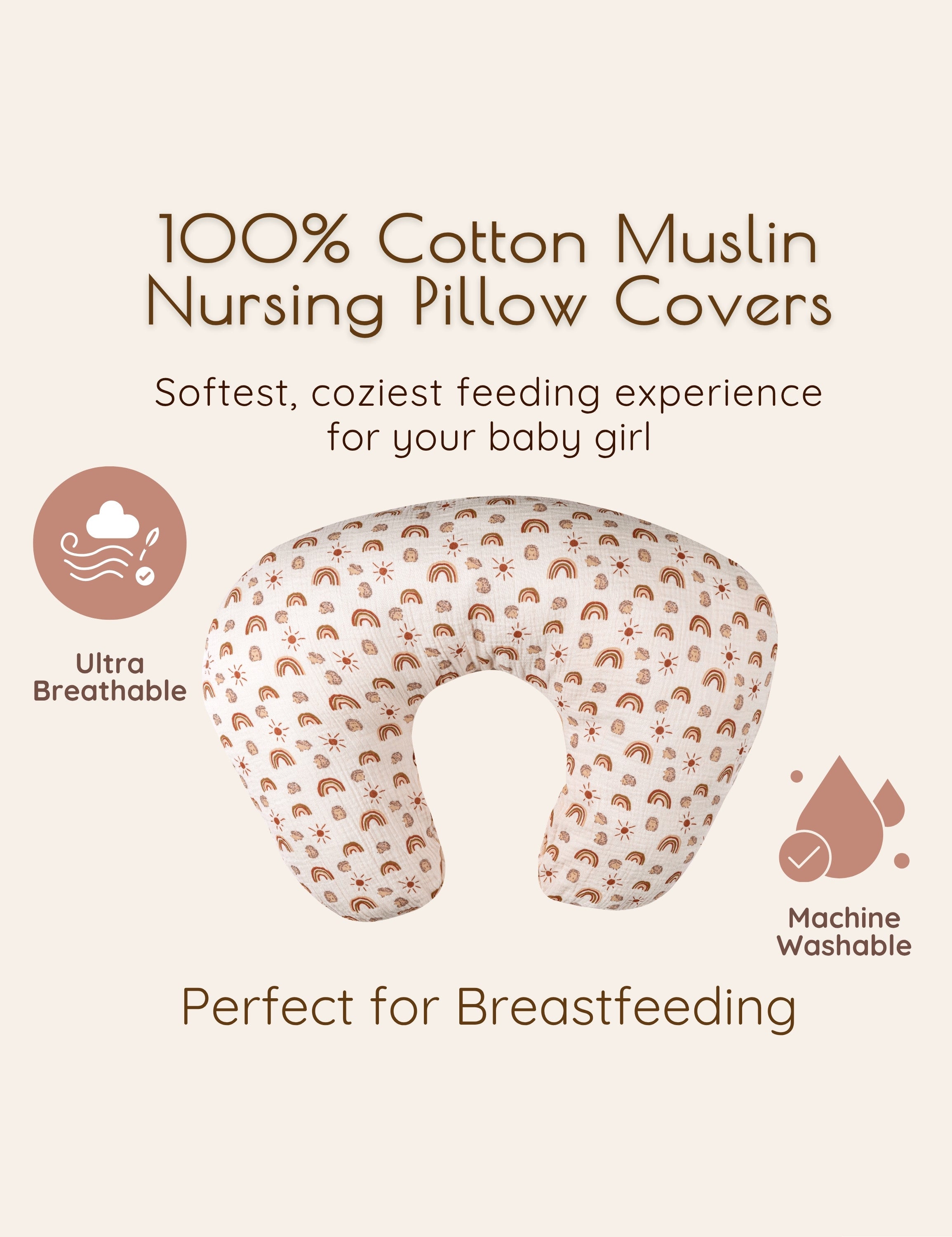 Muslin nursing pillow cover made from 100% cotton, featuring a neutral rainbow and sun pattern in warm, earthy tones.