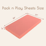 Solid coral muslin Pack n Play Sheet size chart with dimensions on a white background