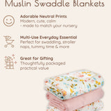 3-pack XL Muslin Swaddle Blankets with floral and solid designs on a white background