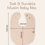 Solid beige muslin baby bib with dimensions on a white background