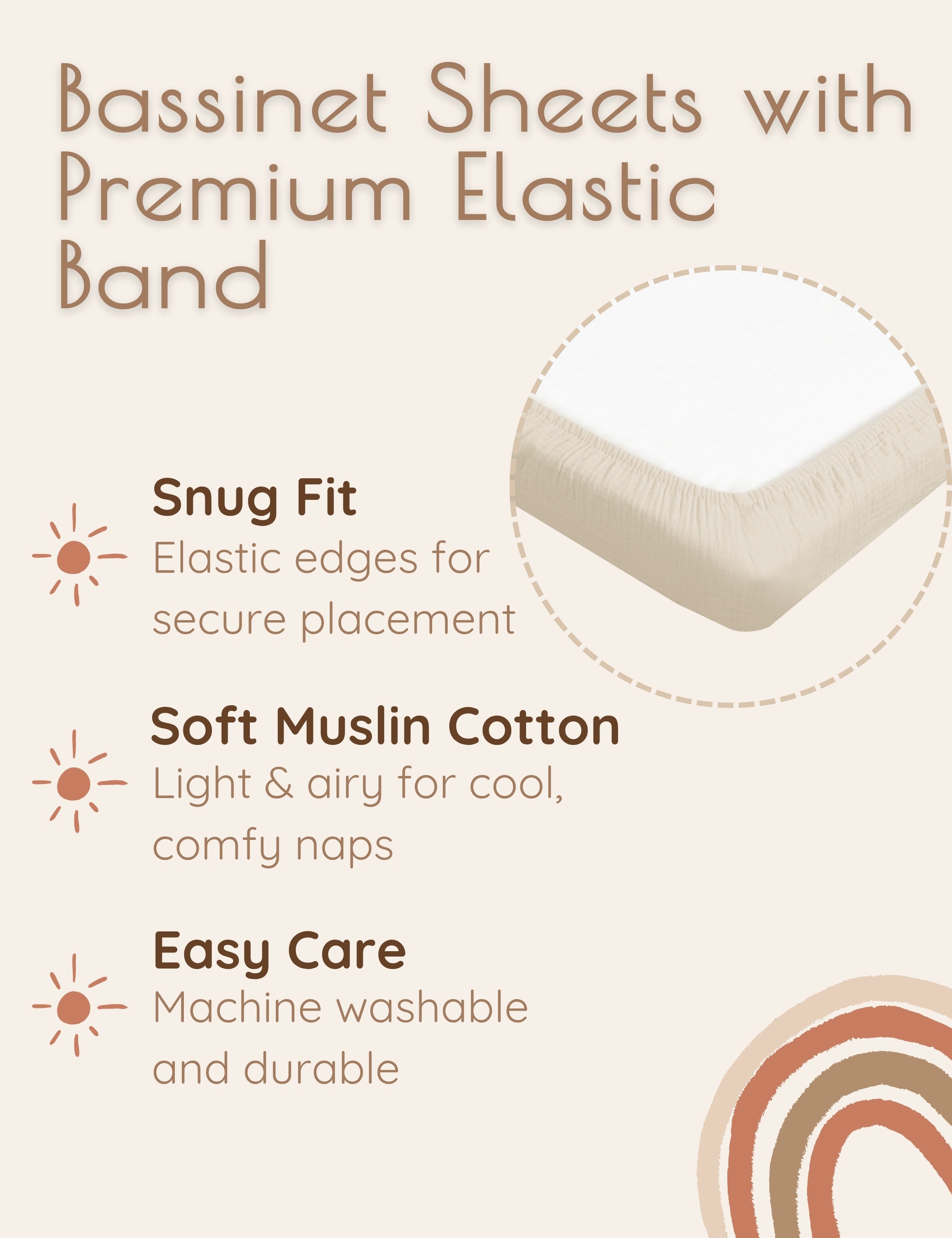 Solid beige muslin bassinet sheets with premium elastic band features on a beige background