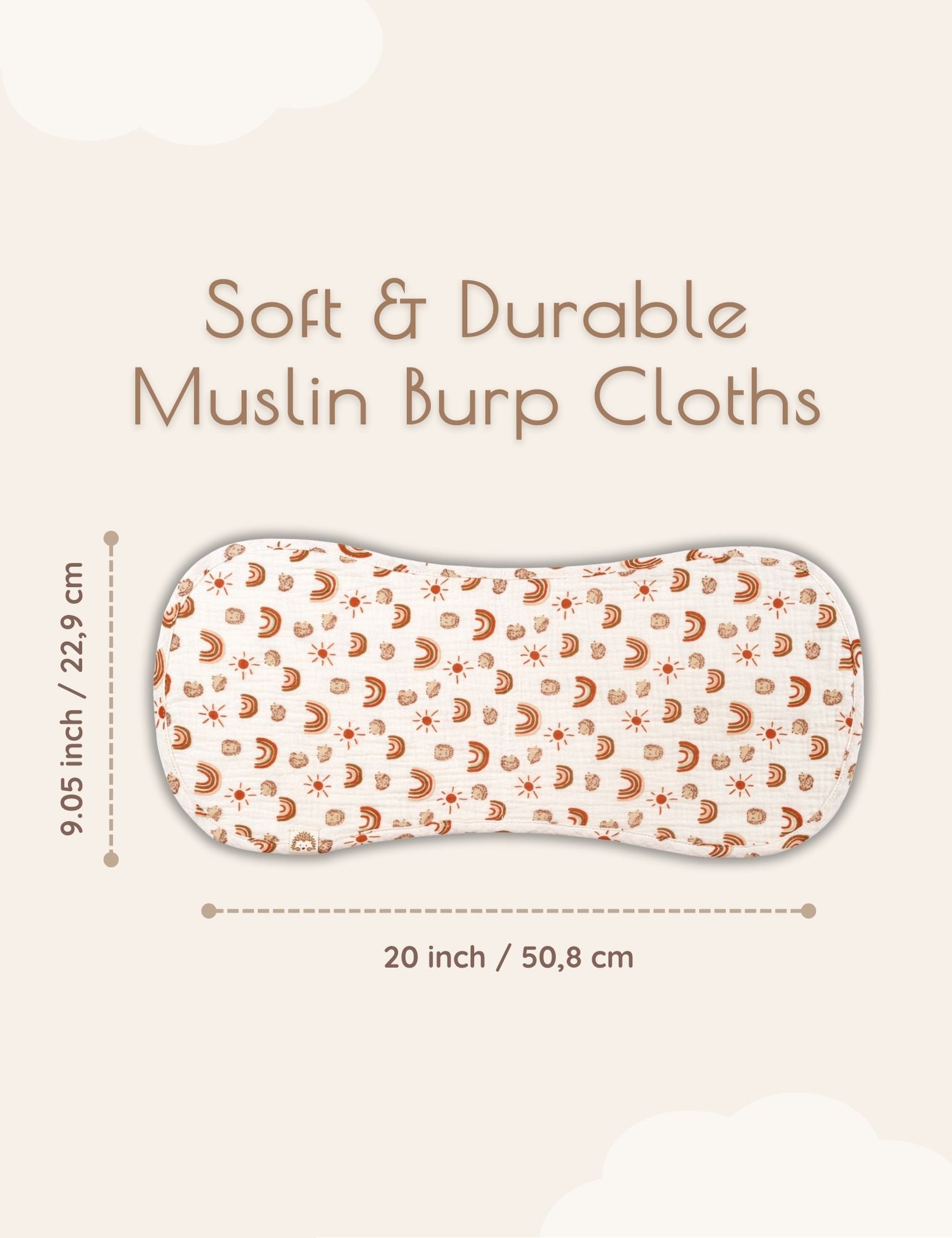 Rainbow patterned muslin burp cloth with measurements on a light background