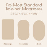 Diagram showing different bassinet mattress shapes and their dimensions on a beige background.