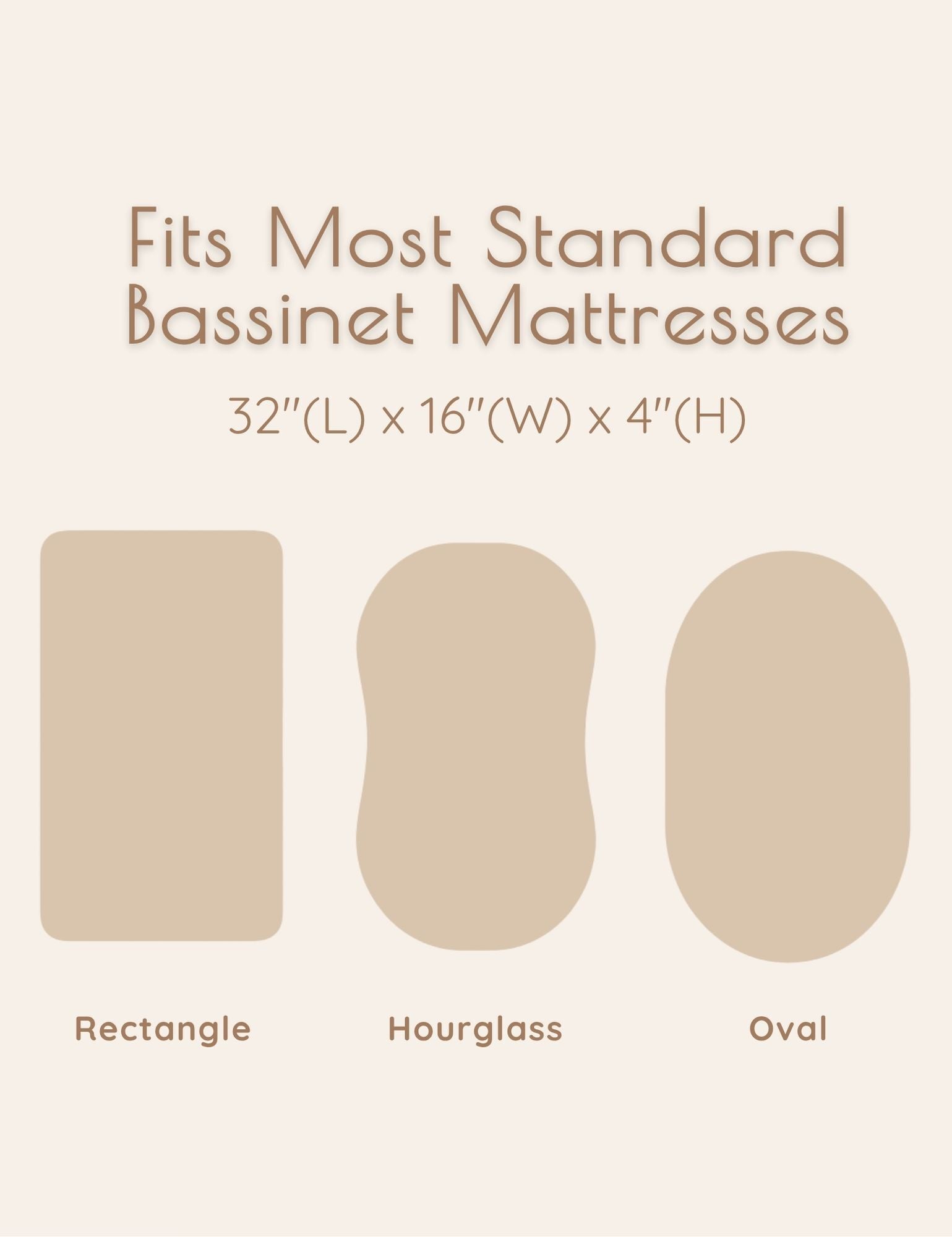 Diagram showing different bassinet mattress shapes and their dimensions on a beige background.
