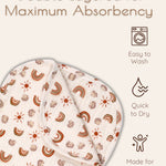 Double-layered absorbent muslin burp cloths with hedgehog and rainbow pattern, washing, drying, and usage icons next to it.