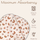 Double-layered absorbent muslin burp cloths with hedgehog and rainbow pattern, washing, drying, and usage icons next to it.