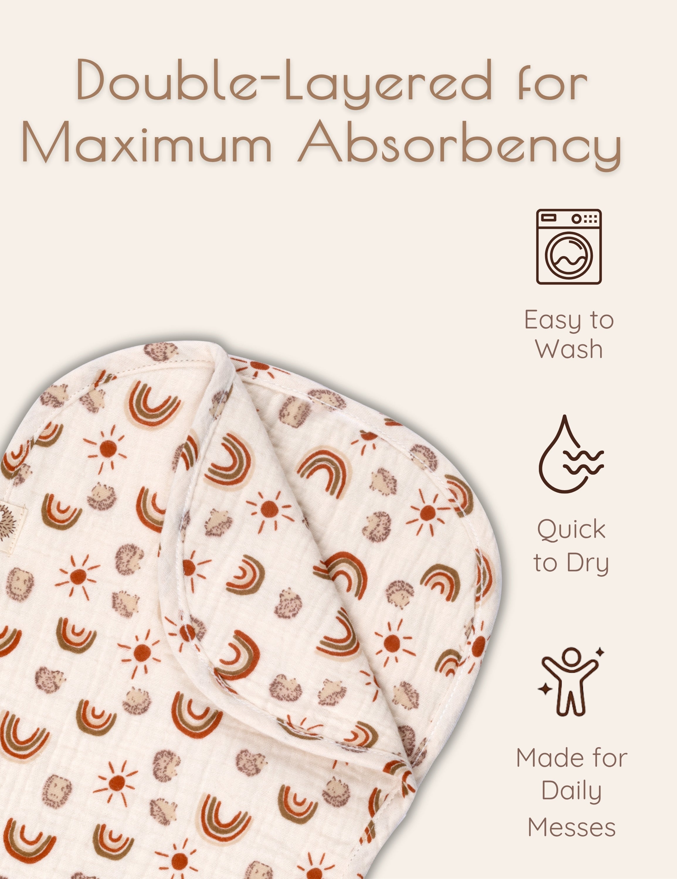 Double-layered absorbent muslin burp cloths with hedgehog and rainbow pattern, washing, drying, and usage icons next to it.