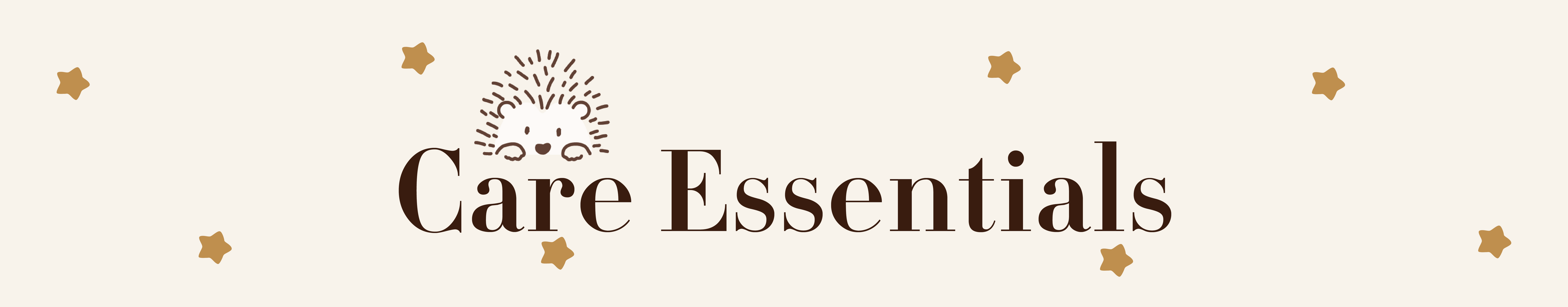 Brand name 'Care Essentials' with decorative elements on a light background